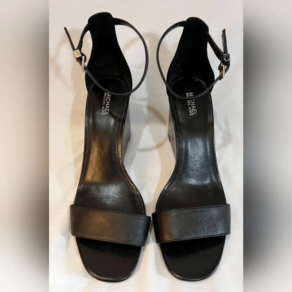 Michael Kors MK Fiona Designer Black Strappy Leather Heels Wedge 8.5